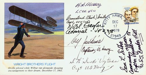 [WORLD WAR II FIGHTER ACES]: 309. [WORLD WAR II FIGHTER ACES] Commemorative cover with colorful Wright Brothers' flight cachet postmarked at Kitty Hawk, Dec 17, 1979, celebrating their historic flight on that day in 1903. Darkly