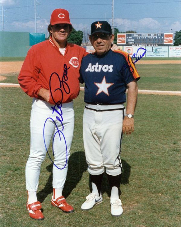 PETE ROSE & YOGI BERRA SIGNED PHOTO: 1141. PETE ROSE & YOGI BERRA Two of the game's best player-managers, ca. 1980s. SP, color, 8"x10" full-length standing portrait at ballpark. Pete in Cincinnati Reds uniform and Berra as coach of Houst