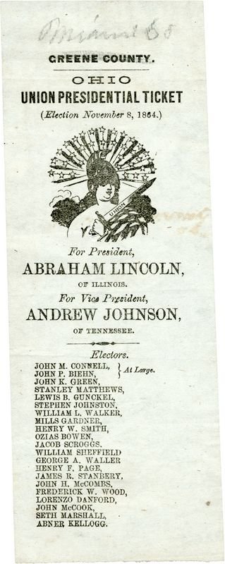1864 OHIO UNION PRESIDENTIAL ELECTION TICKET