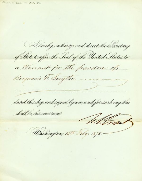 PRESIDENT ULYSSES S. GRANT SIGNED PARDON DOCUMENT