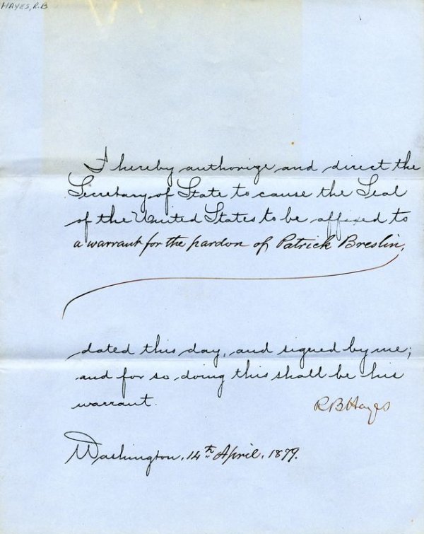 PRESIDENT RUTHERFORD B. HAYES SIGNED DOCUMENT