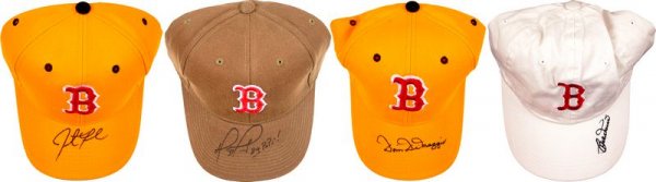 RED SOX SIGNED CAPS/PAPELBON ORTIZ DOERR DIMAGGIO: 1125. [BOSTON RED SOX] Colorful assortment of four individually signed caps with Red Sox logo signed in felt tip by players JONATHAN PAPELBON (yellow); DAVID ORTIZ, addi