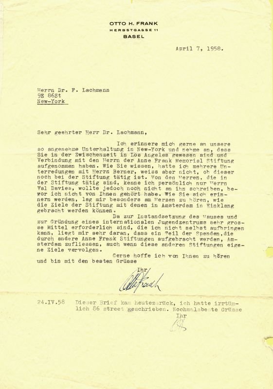 OTTO FRANK SIGNED LETTER: FRANK TRIES TO SAVE WORLD WAR II HIDING PLACE4. OTTO FRANK (1889-1980). Father of famed Holocaust diarist, Anne Frank. The German businessman, who had fought a