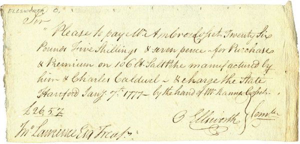 OLIVER ELLSWORTH HANDWRITTEN 1777 SIGNED DOCUMENT: 45. OLIVER ELLSWORTH (1745-1807). Third Chief Justice of United States Supreme Court (1796-99) appointed by Washington; delegate to the Constitutional Congress from Connecticut where