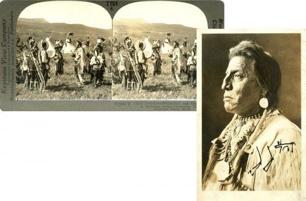 TWO GUNS WHITE CALF SIGNED PHOTOGRAPH: 68. TWO GUNS WHITE CALF (1872-1934). Chief of a sub-tribe of the Black Foot Indians. His profile was one of three Native Americans to inspire the composite image designed by James Ear