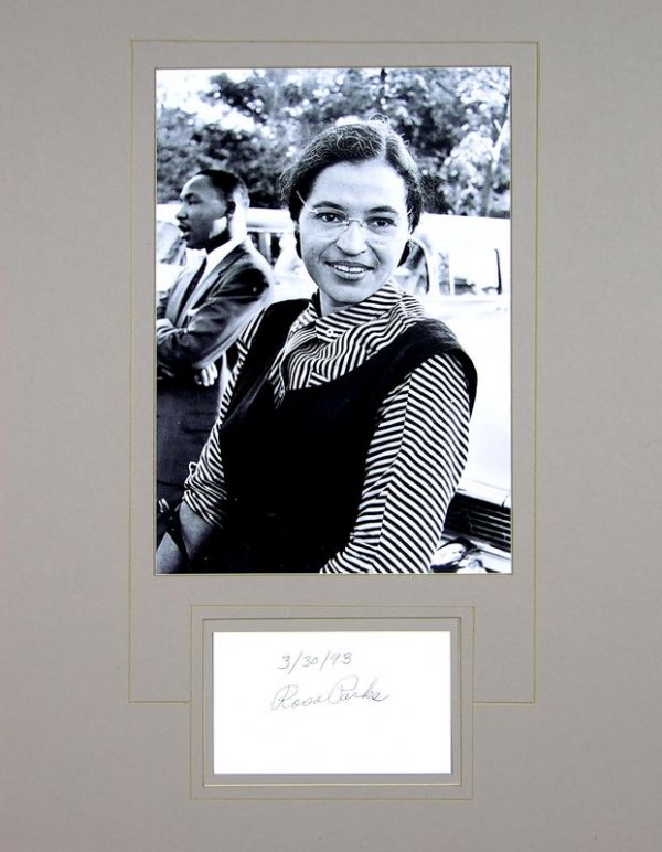 ROSA PARKS SIGNED CARD W/ MLK PHOTO DISPLAY: 82. ROSA PARKS (1913-2005). Civil rights leader in celebrated 1955 incident in Alabama in which she was arrested for violating segregation laws after she refused to give up her bus se