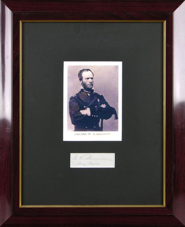 WILLIAM T. SHERMAN SIGNED SIGNATURE /RANK W/PHOTO: 104. WILLIAM TECUMSEH SHERMAN Darkly signed signature with rank "W. T. Sherman Maj. Genl" in two lines, 3¼"x1". Fine example matted beneath half-length portrait in uniform, 4¼"