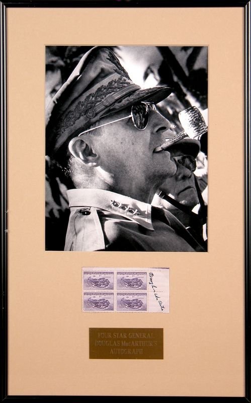DOUGLAS MACARTHUR SIGNED STAMP BLOCK W/PHOTO: 147. DOUGLAS MACARTHUR Block of four US commemorative stamps illustrating the island of Corregidor, General MacArthur's headquarters and the temporary location of the Philippine Gover
