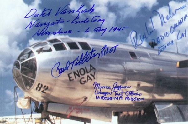 4 ENOLA GAY CREW MEMBERS SIGNED PHOTO: 157. [ENOLA GAY CREW] Printed SP, color, 6"x4" close-up of the plane on tarmac signed by four crewmembers including PAUL TIBBETS, adding "Pilot