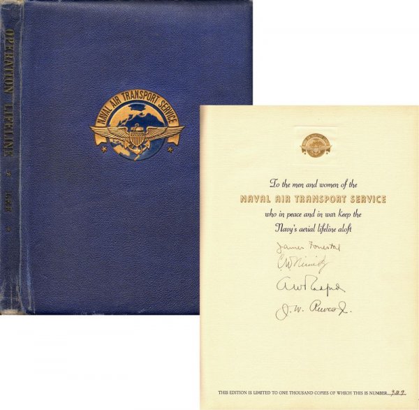 CHESTER NIMITZ /FORRESTAL SIGNED LTD EDITION BOOK: 167. CHESTER W. NIMITZ Deluxe Limited Edition multiple signed book, Operation Lifeline by James Lee, 170pp, 9¼"x12¼", Ziff Davis Co., New York, 1947. A "History and Development