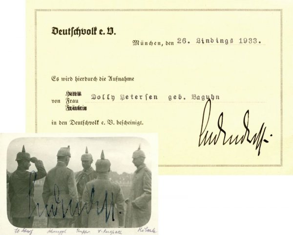 ERICH LUDENDORFF SIGNED PHOTOGRAPH & DOCUMENT: 220. ERICH LUDENDORFF (1865-1937). German chief of staff in the East during WW I, having fought an overwhelming victory in the Battle of Tannenberg (1914). He joined Hitler in the Mun