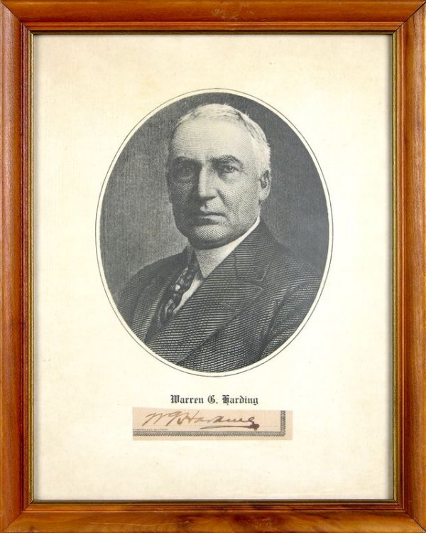 WARREN G. HARDING SIGNED SIGNATURE W/IMAGE: 431. WARREN G. HARDING Clipped signature removed from document, 3½"x3¾", darkly penned as "W. G. Harding" in black ink. Mounted under glass beneath large print of vintage engra