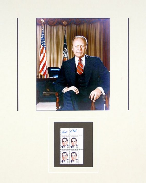 GERALD R. FORD SIGNED NIXON STAMP BLOCK: 485. GERALD R. FORD Block of six Richard Nixon stamps signed in blue felt tip at top blank border. Matted beneath color 8"x10" seated portrait as President. Overall 16"x20". Fine exam