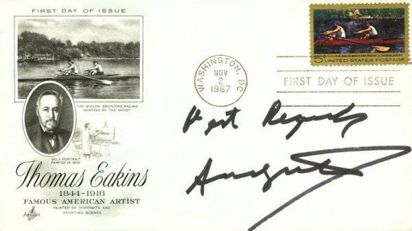 ANDY WARHOL SIGNED FIRST DAY COVER: 544. ANDY WARHOL Signed FDC with attractive illustrated cachet and color stamp honoring American artist Thomas Eakins. Postmarked at Washington, DC, Nov 2, 1967. Boldly signed beneath
