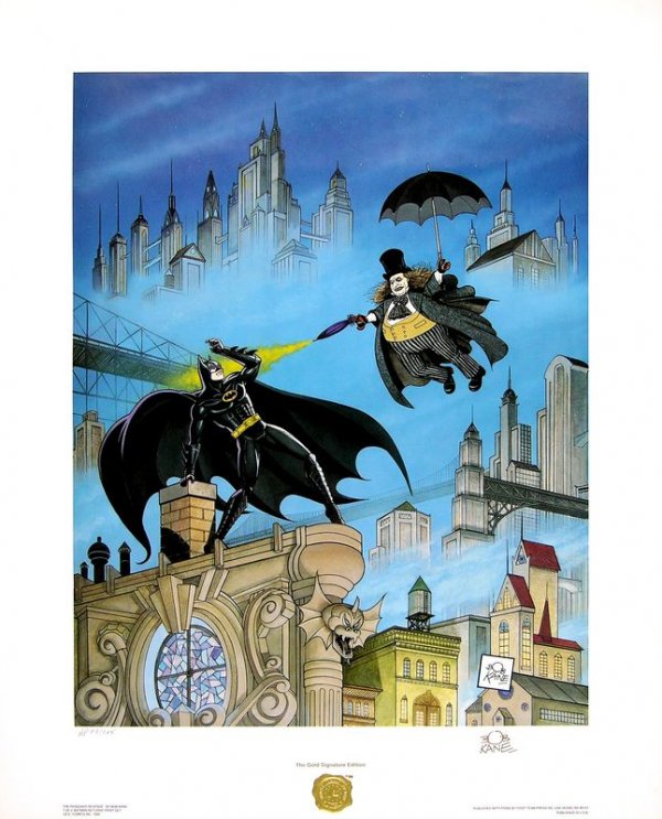 BOB KANE SIGNED LTD EDITION BATMAN RETURNS PRINTS: 555. BOB KANE (1916-1998). Creator of action comic strip hero Batman in 1939. Two color Limited Edition prints titled Penguin's Revenge from Batman Returns