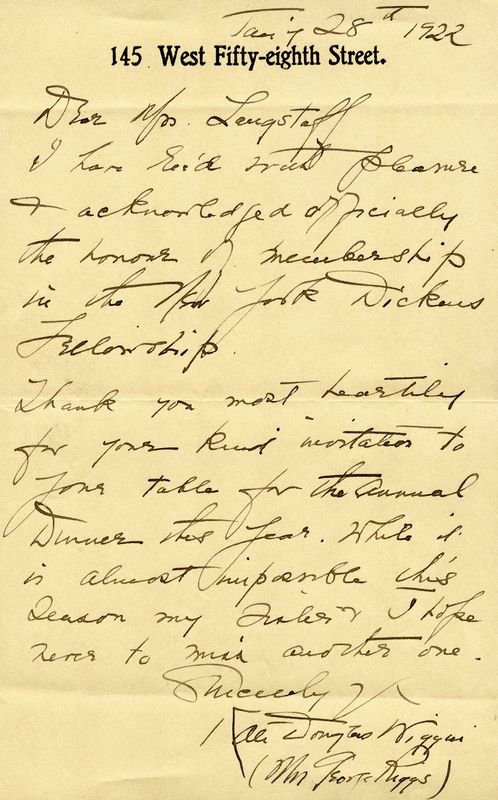 KATE DOUGLAS WIGGIN HANDWRITTEN SIGNED LETTER: 624. KATE DOUGLAS WIGGIN (1856-1923). American writer and educator, she is best known for her book Rebecca of Sunnybrook Farm (1903); founder of the Kindergarten Movement. ALS,