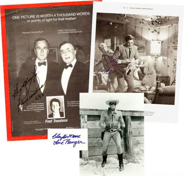 3 ENTERTAINERS SIGNED CARDS & PHOTOGRAPHS: 741. [ENTERTAINERS] Three Hollywood and night club celebs. Western actor CLAYTON MOORE (1908-1999), popular in title role of television's The L