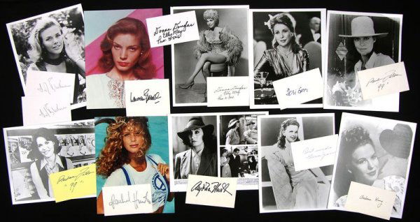 22 FEMALE ENTERTAINERS SIGNED CARDS W/PHOTOS: 747. [FEMALE ENTERTAINERS] Collection of 27 signed cards by 22 leading ladies and supporting actresses of film and television, plus singing notables. Most are accompanied by 8"x10" un