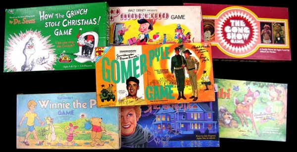 10 ENTERTAINERS SIGNED 7 BOARD GAME COVERS: 752. [FILM & TELEVISION GAMES] Collection of seven board games based on television series and children's films. Each is signed on box cover by over ten actors and actresses who appear