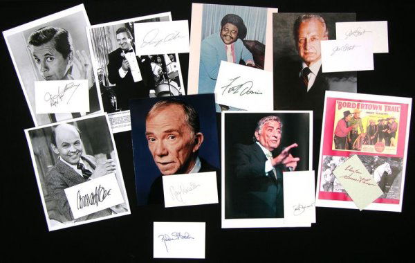 10 MALE ENTERTAINERS SIGNED CARDS W/PHOTOS: 816. [MALE ENTERTAINERS] Collection of ten signed cards by nine leading men and character actors of film and television, plus singing notables. Most are accompanied by 8"x10" unsigned