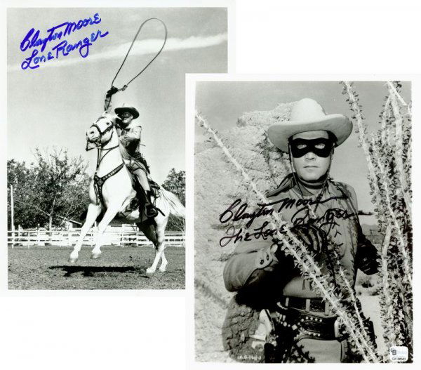 CLAYTON MOORE SIGNED 2 PHOTOGRAPHS: 829. CLAYTON MOORE (1908-1999). Tall leading man of '40s second features, later famous as television's Lone Ranger. Two different SPs, b/w, 8"x10" film stills, one with his hor