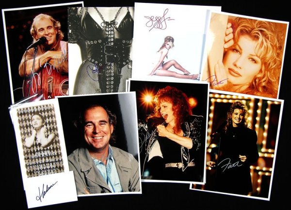 MUSIC ARTISTS SIGNED PHOTO & CARD COLLECTION: 835. [MUSIC ENTERTAINERS] Collection of nine autographs by six music artists. SPs, color, 8"x10" portraits and performance stills include a Herb Ritts printed photo of