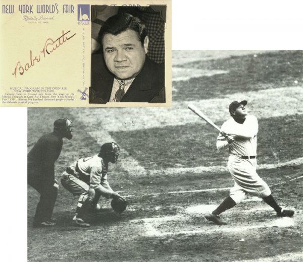 BABE RUTH SIGNED 1933 WORLD'S FAIR POSTCARD: 906. BABE RUTH (1895-1948). George Herman Ruth was one of the most beloved and gifted players in baseball history, "the Babe" is best known for his ability to knock it out the park -