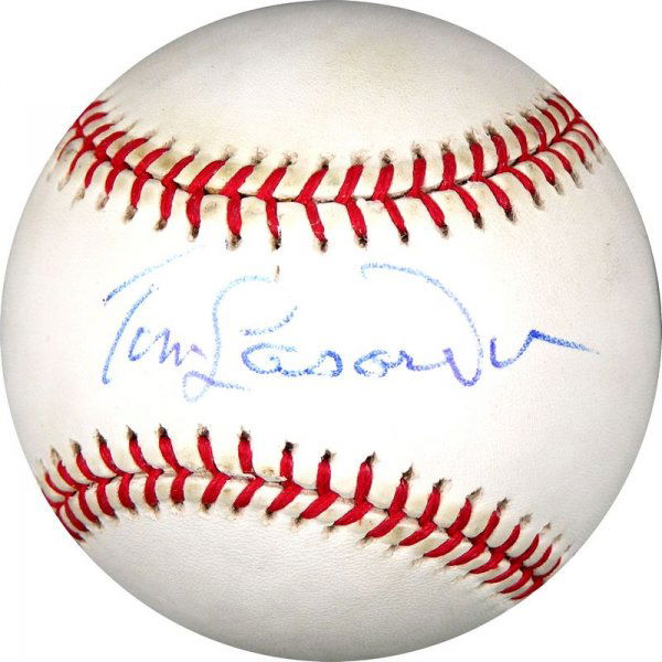 TOMMY LASORDA SIGNED BASEBALL: 931. TOMMY LASORDA (b. 1927). Colorful long-tenured Hall Of Fame pitcher/manager for the Brooklyn/Los Angeles Dodgers. Signed Rawlings Official Major League Selig baseball. Darkly pen