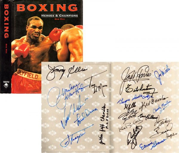 21 BOXING HEROES SIGNED OVERSIZE BOOK: 959. [BOXING HEROES] Collection of 21 boxing champions have signed this oversize magnificently illustrated book, Boxing Heroes & Champions by Bob Mee, 352pp, 9¼"x12½", Chartwel