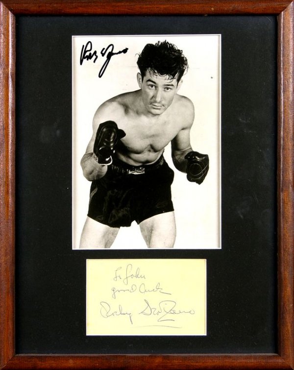 ROCKY GRAZIANO SIGNED PHOTO & SIGNED CARD: 977. ROCKY GRAZIANO (1919-1990). Great knockout artist of the '40s from Brooklyn defeating Tony Zale for the middleweight championship. He was portrayed by Paul Newman in the film,