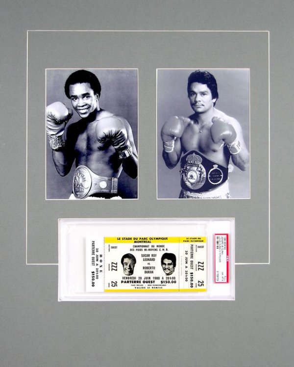 SUGAR RAY LEONARD/ROBERTO DURAN 1980 FIGHT TICKET: 986. [LEONARD - DURAN BOUT] Near Mint fight ticket for the Jun 20, 1980 bout held in Montreal at Olympic Park Stadium, 6½"x3", featuring images of the two contenders on both sides. Du