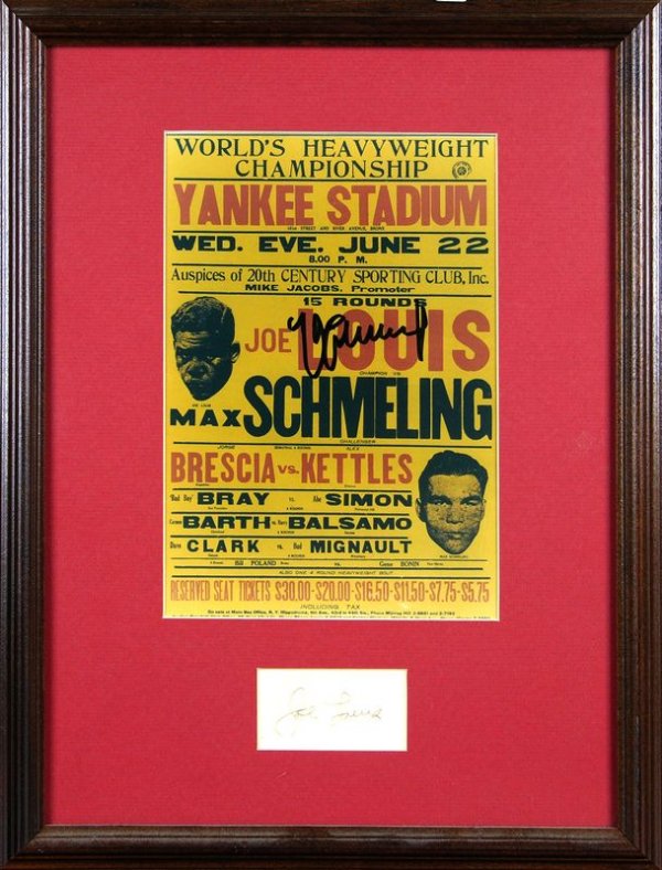 JOE LOUIS SIGNED CARD / SCHMELING SIGNED POSTER: 991. LOUIS & SCHMELING Two heavyweight champions. A signed card, 3"x1¾", by popular "Brown Bomber" JOE LOUIS , in dark ink. Attractively matted be