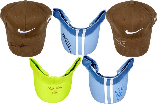 5 GOLFERS SIGNED HATS & VISORS: 1021. [GOLF COLLECTION] Five accomplished golf veterans. Included are three colorful golf visors individually signed by COLIN MONTGOMERIE;