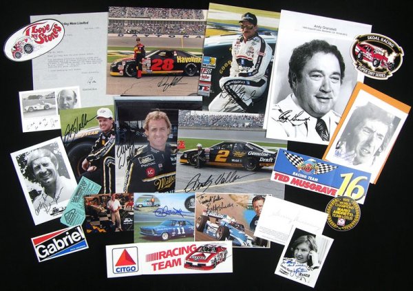 AUTO RACERS SIGNED PHOTO & EPHEMERA COLLECTION: 1028. [AUTO RACING CLASSICS] Collection of 15 autographs by 11 of auto racing's best drivers. SPs & ISPs, mostly color, various sizes, include a vintage b/w bust image of
