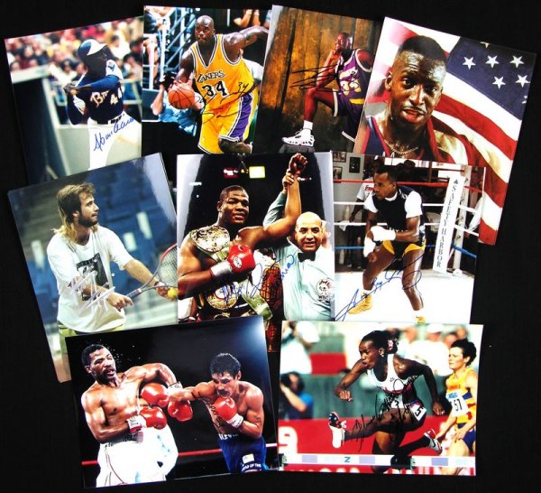 9 SPORTS STARS SIGNED 16 PHOTOGRAPHS: 1033. [SPORTS ASSORTMENT] Nice collection of 16 autographs penned by 9 sports notables in several genre. SPs, color, 8"x10" action stills and portraits. Darkly signed by boxing conten