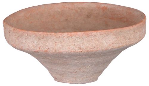 HERODIAN TERRA COTTA BOWL: 8. HERODIAN TERRA COTTA BOWL Buff color dish almost 4½" in diameter across the top and tapering below collar rim to 1½" flat disk base. Approx 2" tall, these were made for ordinary household use and