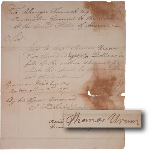 [BOSTON TEA PARTY]: PARTICIPANT IN CELEBRATED TEA PARTY45. [BOSTON TEA PARTY] Revolutionary War pay order signed by Major General WILLIAM HEATH (1737-1814) and endorsed twice by Captain THOM