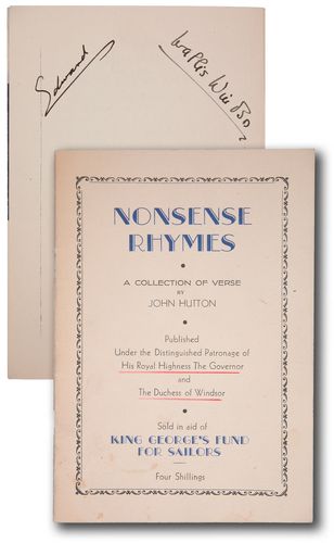 EDWARD VIII: THE GOVERNOR OF THE BAHAMAS AND DUCHESS OF WINDSOR509. EDWARD VIII Soft cover edition of Nonsense Rhymes by John Hutton, 23pp, 5"x7", Nassau Guardian, Ltd., Bahamas, ca. 1942. Fund raising effort to a
