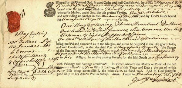 JOHN HANCOCK HANDWRITTEN SIGNED DOCUMENT: 40. JOHN HANCOCK Partly printed maritime DS, incorporating his name as "Thos. Hancock & Co." within text, 1p, 9"x4¾", Boston, Aug 22, 1763. Entirely engrossed in Hancock's hand. Authorization for