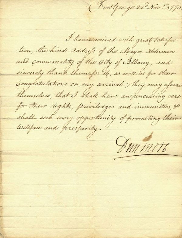 JOHN MURRAY LORD DUNMORE SIGNED LETTER: 57. JOHN MURRAY LORD DUNMORE 4th Earl Dunmore (1732-1809). Last royal governor of the colony of Virginia, he dissolved the Assembly and removed powder from the magazine at Williamsburg inflaming revol