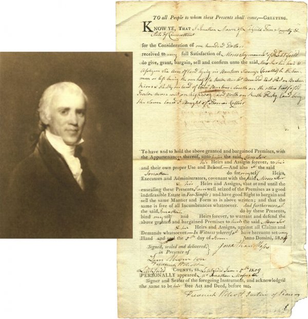 JONATHAN MASON /MOSES SEYMOUR SIGNED DOCUMENT: 73. JONATHAN MASON (1756-1831). American attorney and Federalist senator from Massachusetts, also serving as congressman and member of the Executive Council of MA. Partly printed DS, 1p, 8"x13½", Lit