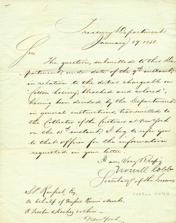 HOWELL COBB SIGNED LETTER: 130. HOWELL COBB (1815-1868). Confederate major general who led one of the largest brigades in CSA service at Antietam and in Georgia, receiving the surrender of General Stoneman; signed the Confedera