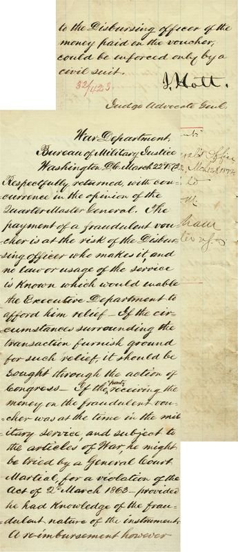 JOSEPH HOLT HANDWRITTEN SIGNED ENDORSEMENT: 159. JOSEPH HOLT (1807-1894). Union brigadier general; Judge Advocate General presiding at trial of Lincoln assassins; prewar postmaster general and secretary of war (1861). Lengthy AES "J. Holt" as J