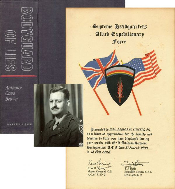 D-DAY: WW II INTELLIGENCE OFFICERS COLLECTION: 222. [D-DAY INVASION] Partly printed presentation document awarded Colonel JAMES O. CURTIS, JR., the Senior American Intelligence evaluator in the Operational Intelligence Centre of the Supreme Comman