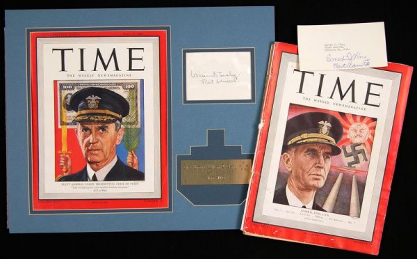 ADMIRALS WILLIAM LEAHY /ERNEST KING SIGNED CARDS: 248. [NAVY FLEET ADMIRALS] The two most senior Navy officers of WW II, the first two five-star admirals. Individually signed cards with war-date Time covers featuring their images. WILLIAM D. LEAHY (