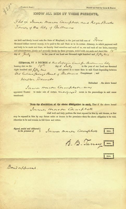 ROGER B. TANEY SIGNED DOCUMENT: 375. ROGER B. TANEY (1777-1864). Fifth Chief Justice of Supreme Court best known for his controversial landmark decision in the Dred Scott case (1857) which further polarized the North and South; US A