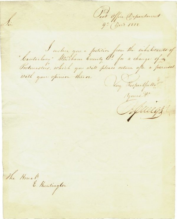 RETURN JONATHAN MEIGS JR. SIGNED LETTER: 395. RETURN JONATHAN MEIGS JR. (1765-1825) Indian fighter; Postmaster-General under Monroe (1814-23). As governor of Ohio (1810-14), he did more than any other governor to aid the country in the War o
