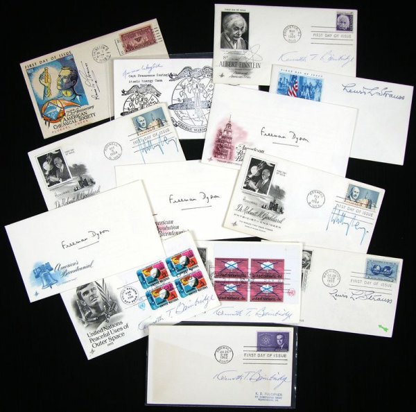 SCIENCE NOTABLES SIGNED 13 FDC'S: 428. [SCIENCE NOTABLES] Collection of five scientists noted for their work in physics, atomic energy and related fields. Comprising 13 FDCs, each with illustrated cachets, postmarked 1950s-'70s, four 