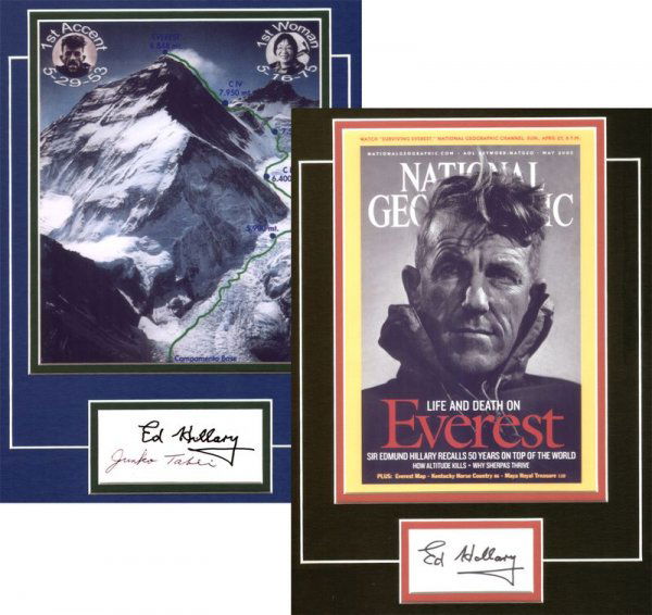 EDMUND HILLARY & JUNKO TABEI SIGNED CARD DISPLAYS: 445. [MT. EVEREST FIRSTS] The first man and the first woman to climb Mt. Everest. New Zealander Sir EDMUND HILLARY accomplished the feat in 1953; and Japanese mountain climber JUNKO TA