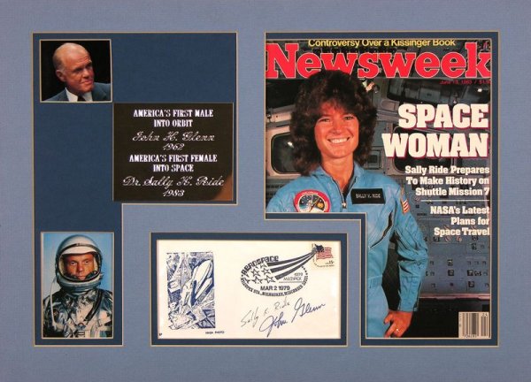 JOHN GLENN /SALLY RIDE SIGNED COMMEMORATIVE COVER: 462. [ASTRONAUT PIONEERS] The first American to orbit the Earth (1962) and the oldest man to travel in space (1998), JOHN GLENN (b. 1921) has signed a commemorative Aerospace postal cover with NASA ca